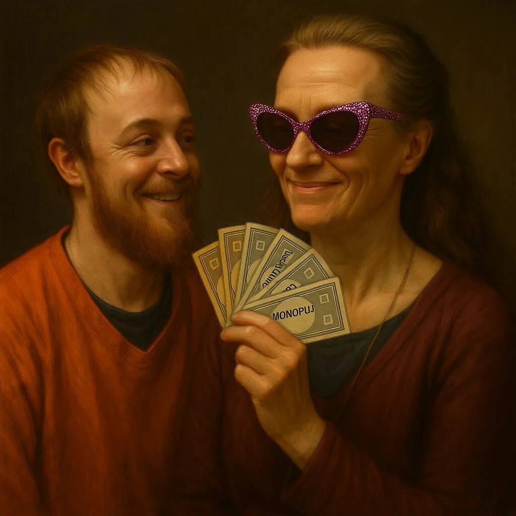 generic balding white man orange jumpsuit middle aged woman sunglasses fake money