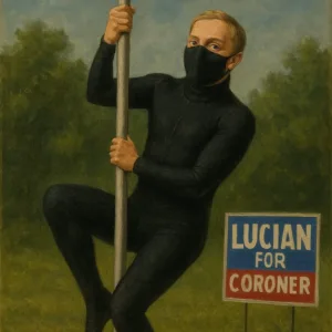 pole dancing man in a black jumpsuit lucian for coroner yard sign