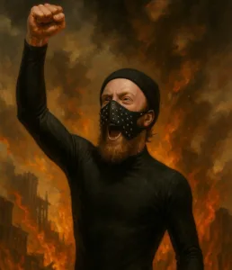 white man in black latex suit cheering bdsm mask leather destruction anarchy