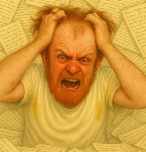 angry balding man surrounded by handwritten letters