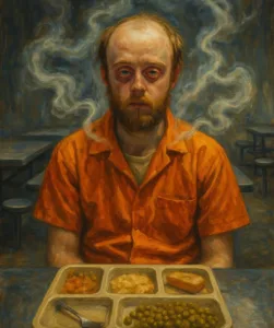 prisoner balding white man orange jumpsuit dazed drugged lunch tray cafeteria