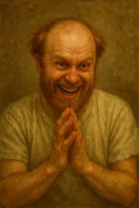 crazy balding man in a white t-shirt rubbing hands together
