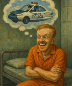 inmate orange jumpsuit flying police car daydream jail