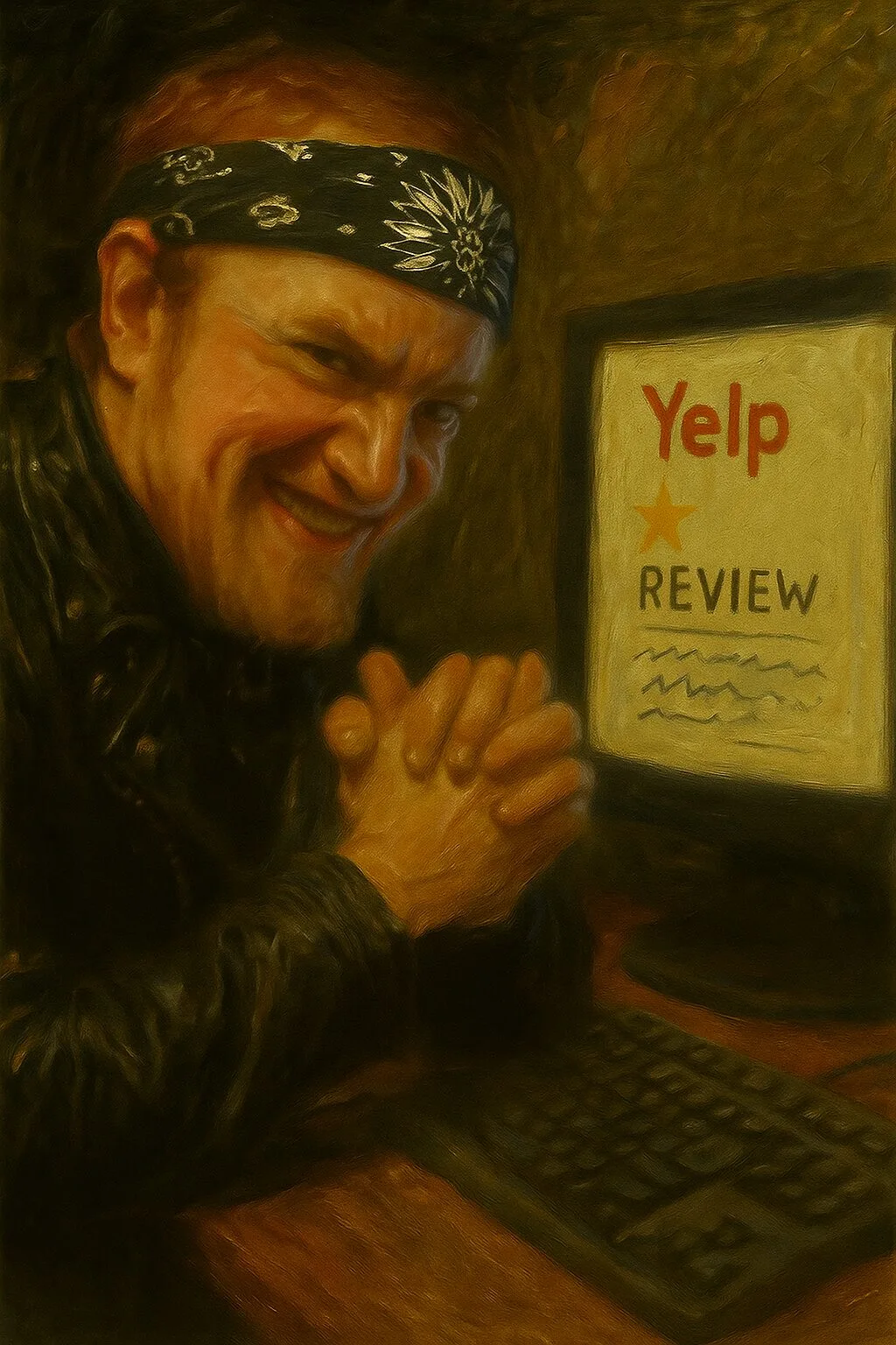 man wearing a bandana and sitting at a computer