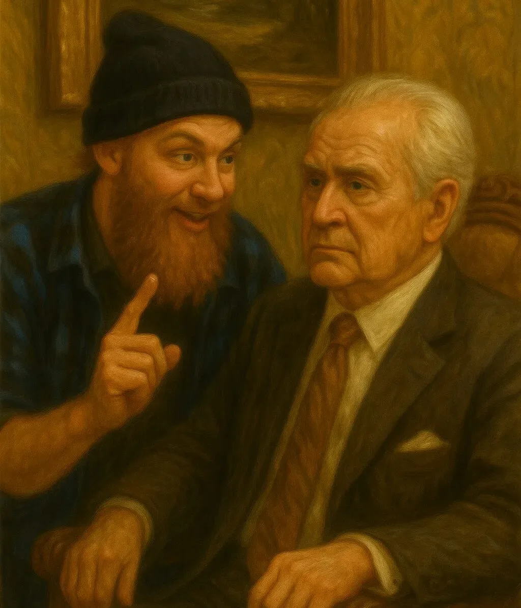 bearded vagrant in flannel advising a rich old white businessman in a suit
