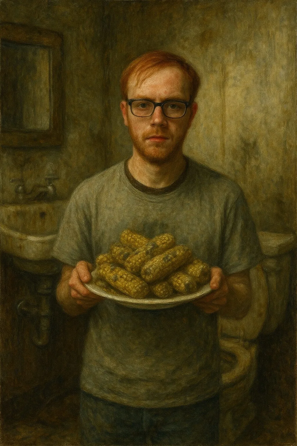 man holding a plate of rotten corn