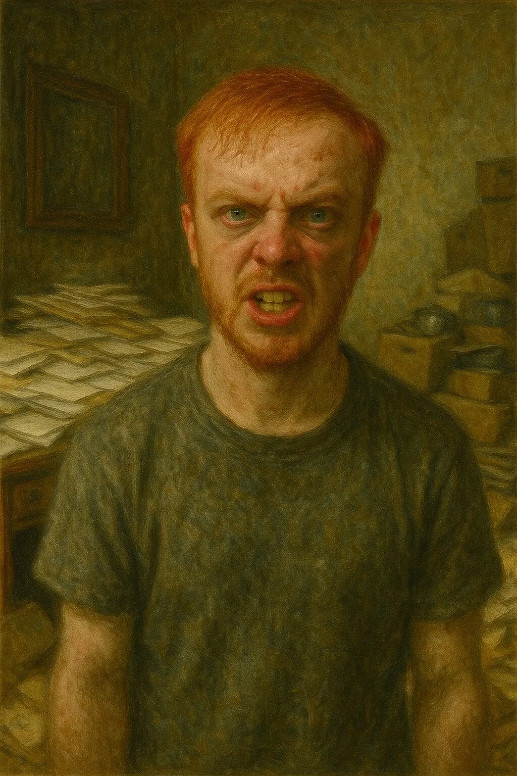 redheaded man angry mess papers