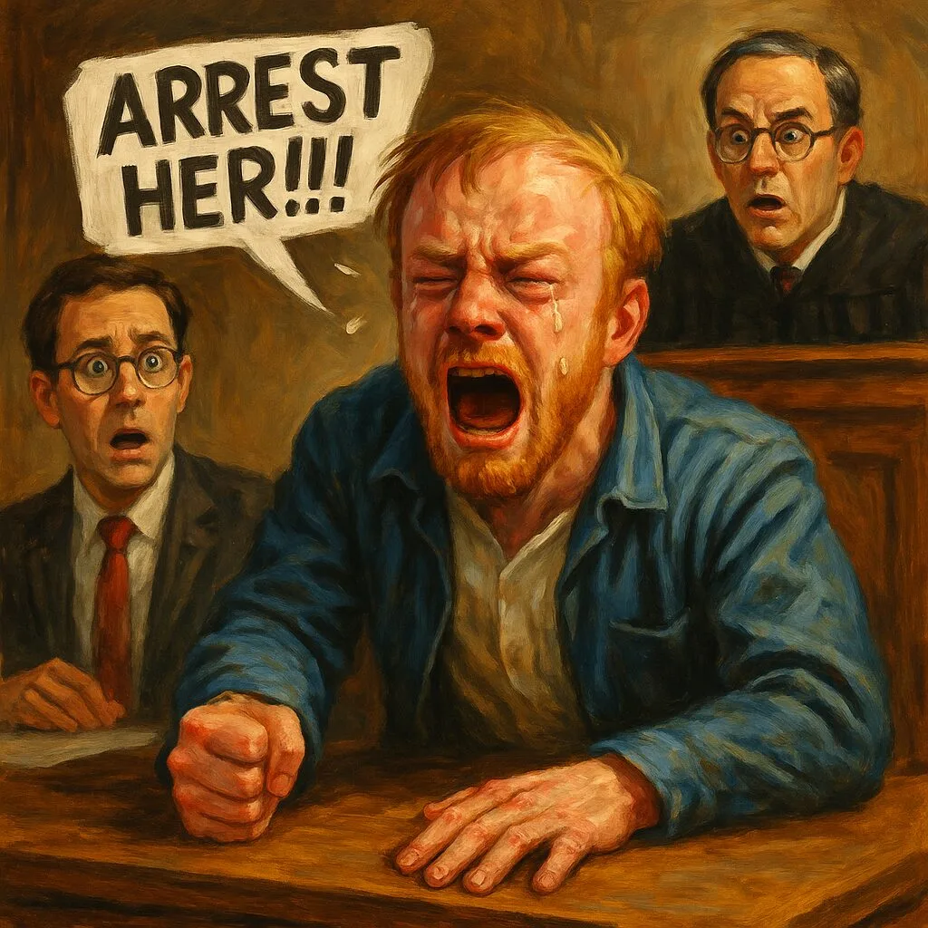 angry defendant young white man blue coat judge defense attorney courtroom