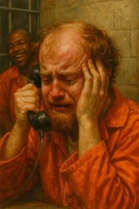 prisoner telephone orange jumpsuit balding man