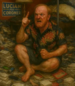 angry balding white man sitting floor hoard