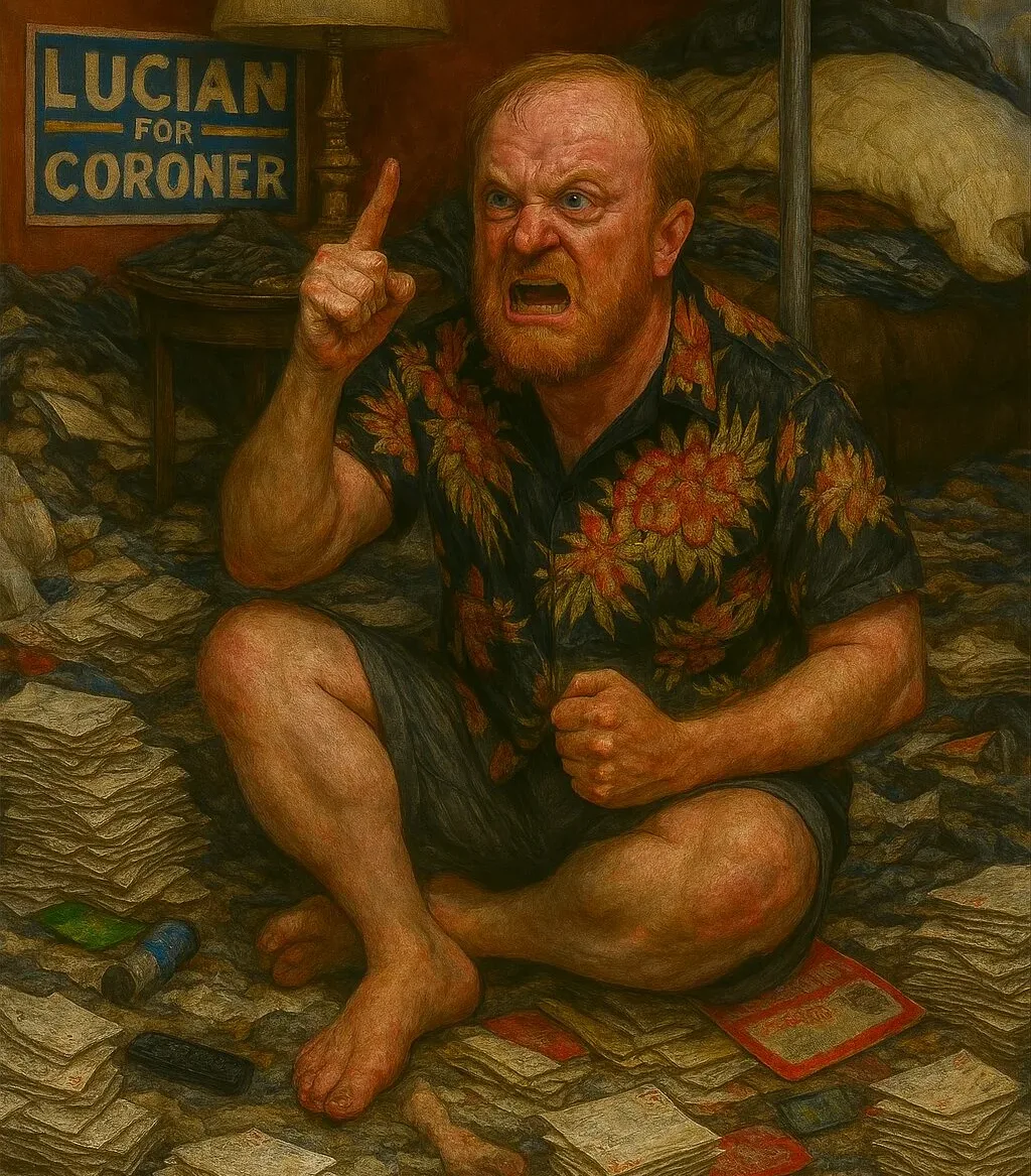 angry balding white man sitting floor hoard