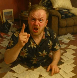 angry man surrounded by letters