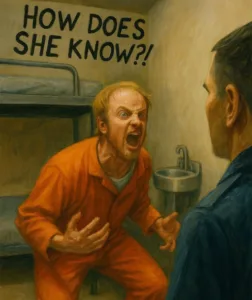 angry balding white inmate orange jumpsuit corrections officer bunk bed jail cell