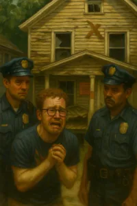 crying man police officers outside ramshackle home