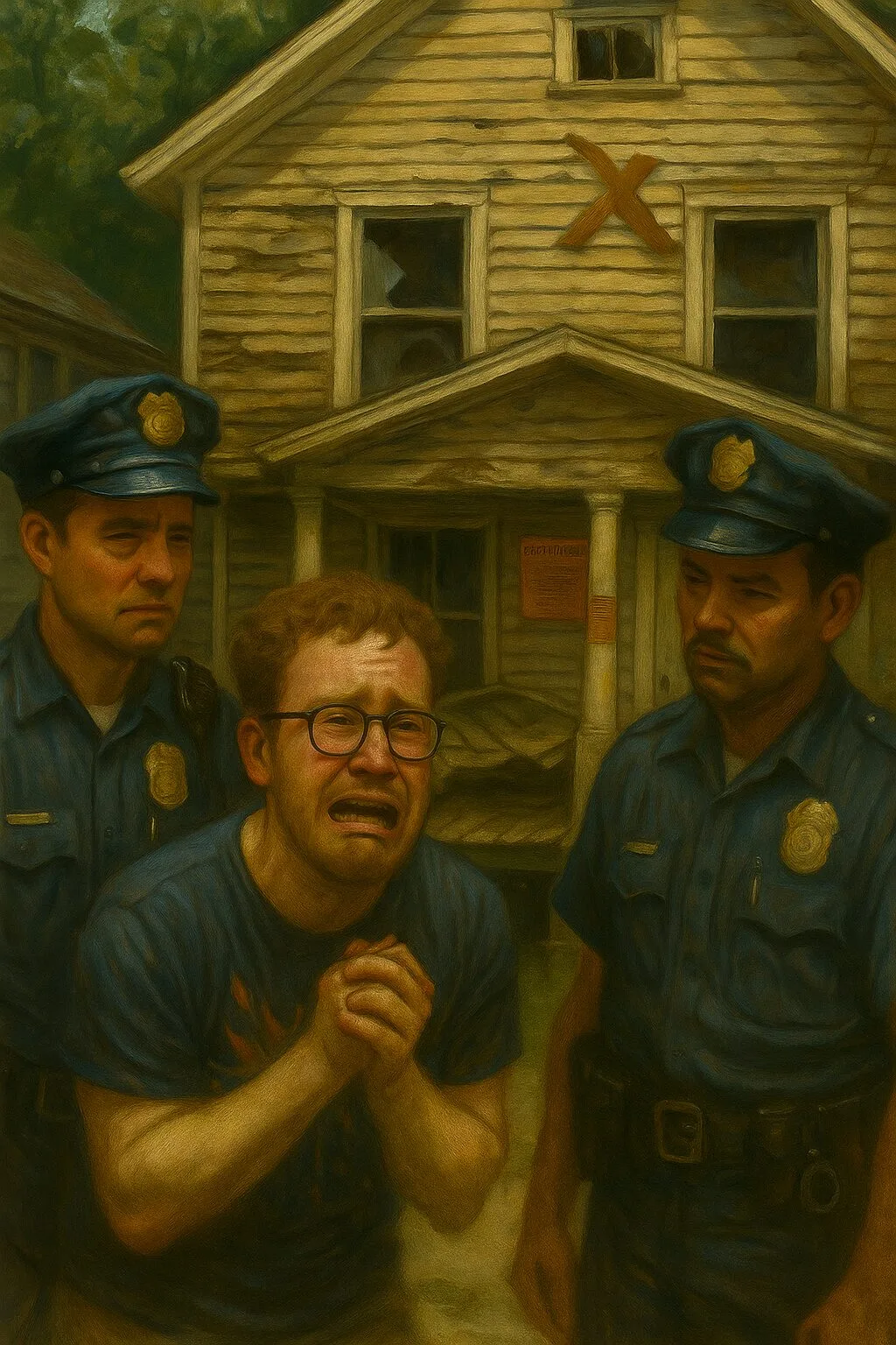 crying man police officers outside ramshackle home