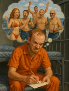 angry prisoner white man daydreaming writing a letter yacht party bikini redhead