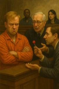inmate orange jumpsuit criminal defendant frustrated lollipop courtroom