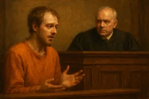 defendant orange sweatshirt young man explaining to elderly judge