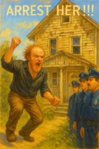 angry balding giant white man yelling at police officers outside a decrepit house