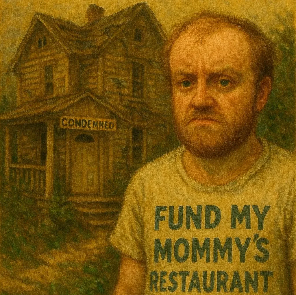 angry balding white man t-shirt fund my mommy's restaurant condemned house