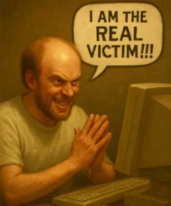 angry balding white man rubbing hands together grinning computer