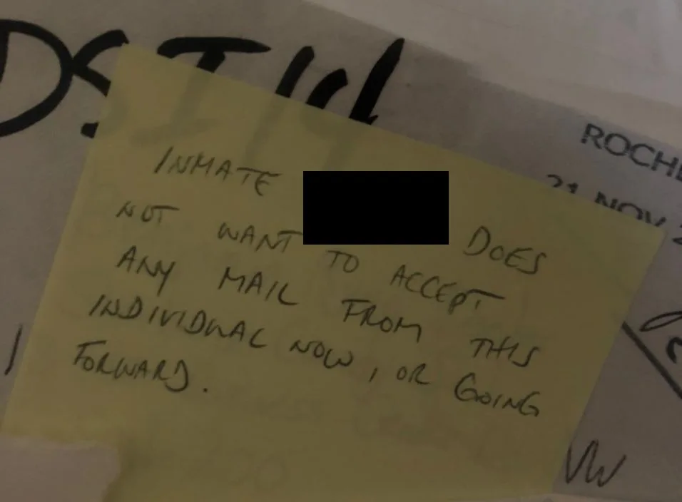 NOTE REJECTING STALKER'S MAIL TO INMATE
