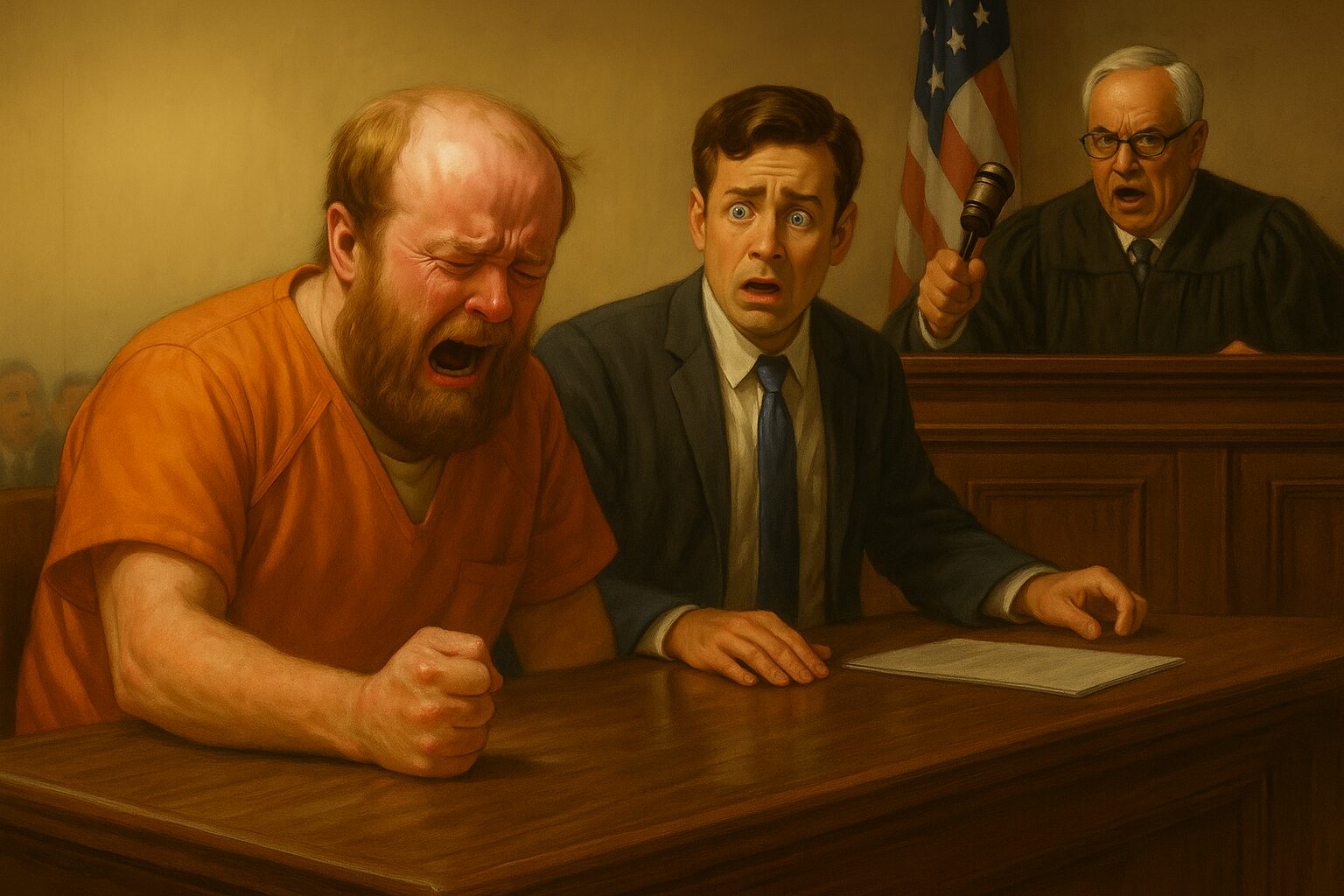 angry inmate balding white man orange jumpsuit courtroom shocked defence attorney