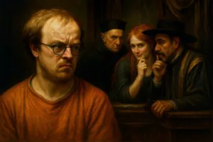 balding white man orange jail uniform redhead conspiracy paranoia