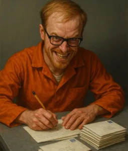 evil inmate writing letters orange jumpsuit jail prison white balding man