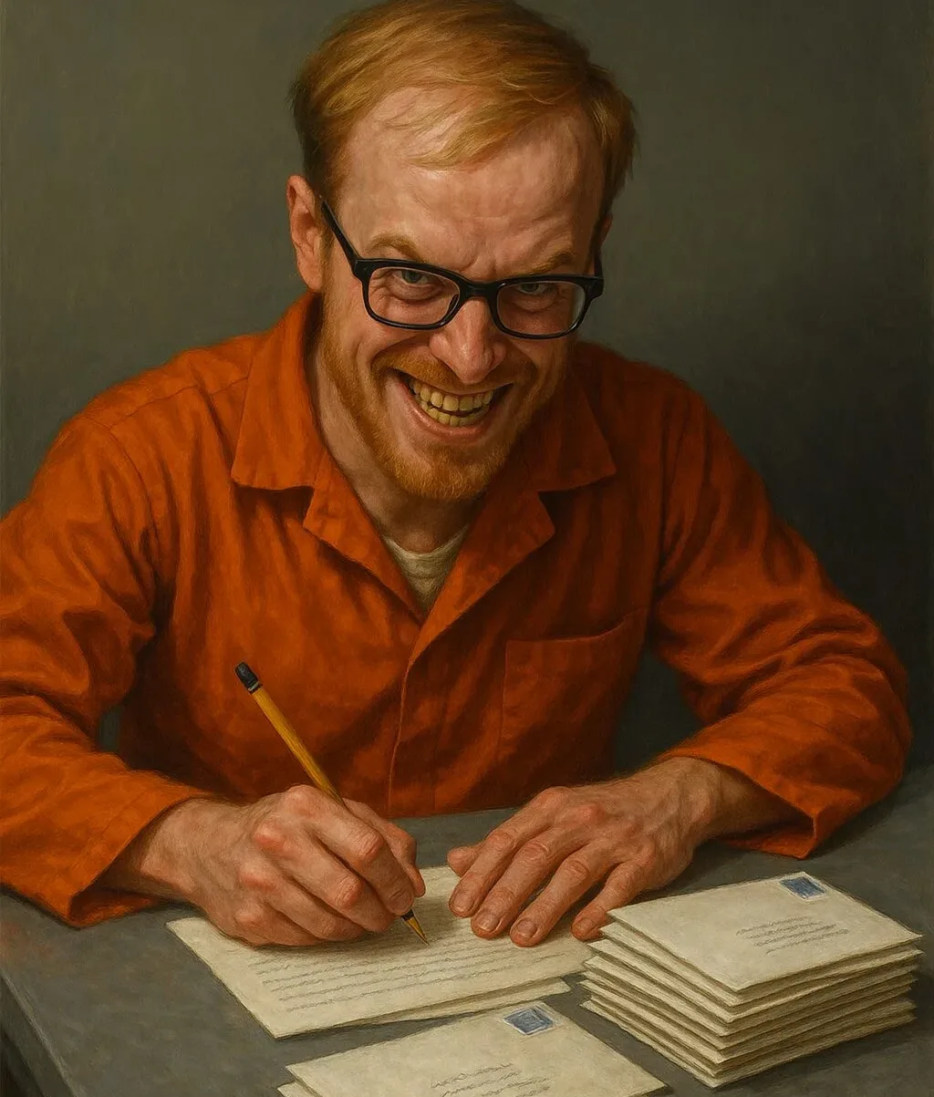 evil inmate writing letters orange jumpsuit jail prison white balding man