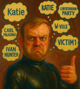 angry white man stalker obsessing victims black latex suit blonde hair