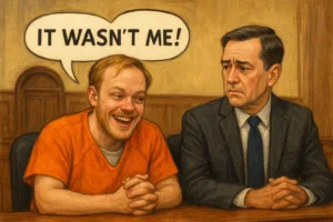 PRISONER laughing orange jumpsuit denial courtroom defense attorney