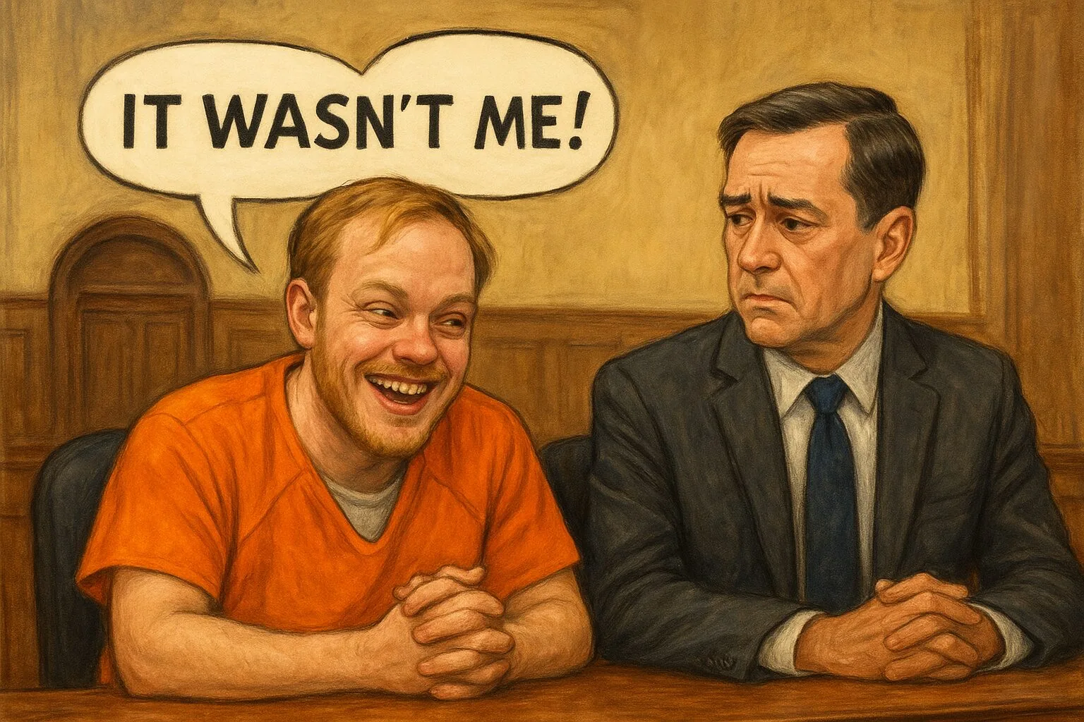 PRISONER laughing orange jumpsuit denial courtroom defense attorney