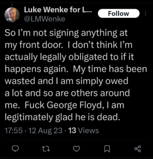 luke wenke racist twitter x post george floyd 2023