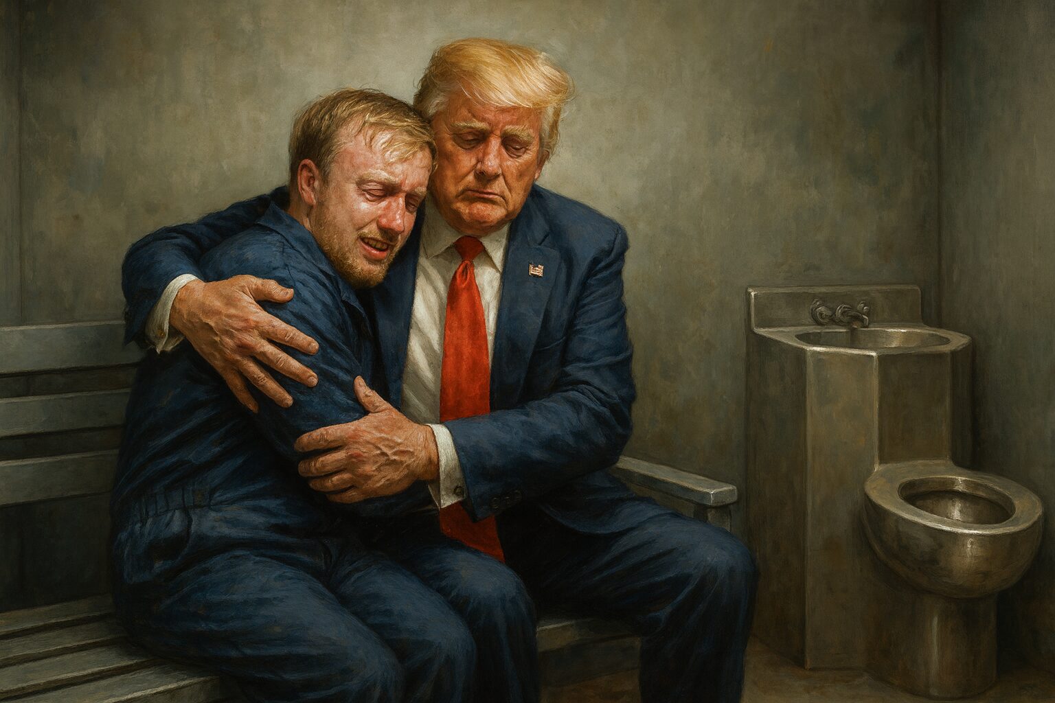 crying inmate hugging donald trump comfort president sobbing jail cell prison
