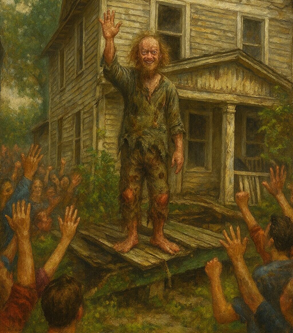 vagabond waving ramshackle home cheering crowd