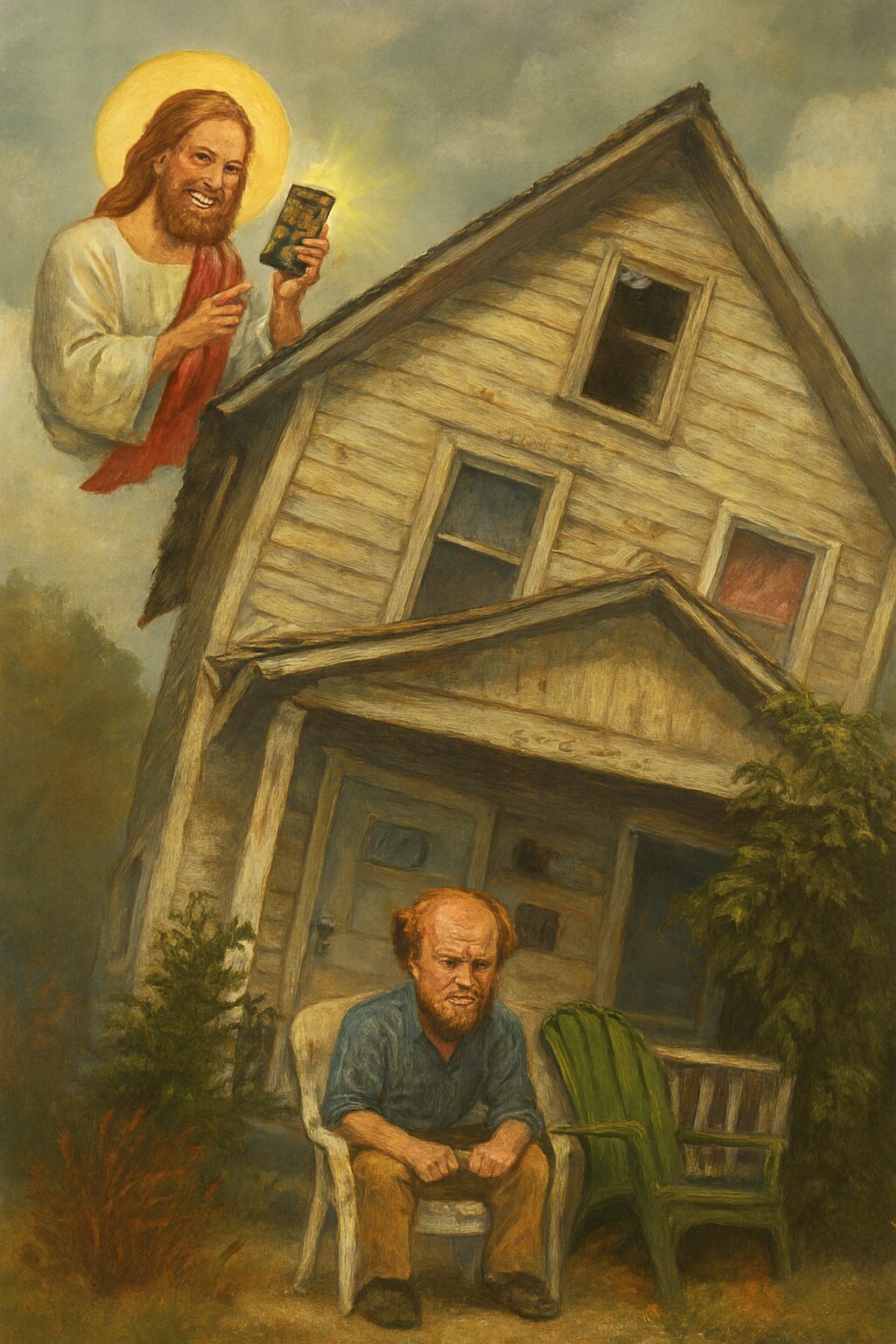 generic balding white man ramshackle house jesus angry not luke wenke