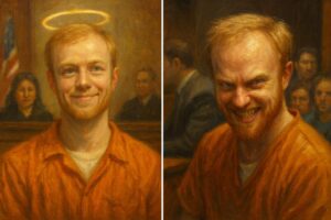 side by side image inmate with halo and evil inmate white generic male orange jumpsuit courtroom