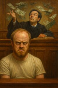 not luke wenke white tshirt courtroom annoyed judge throwing money