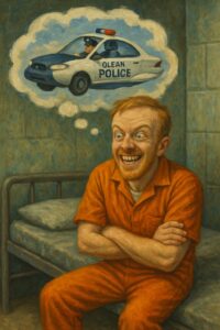 crazy prisoner fantasizing flying car orange jumpsuit cot jail cell prison