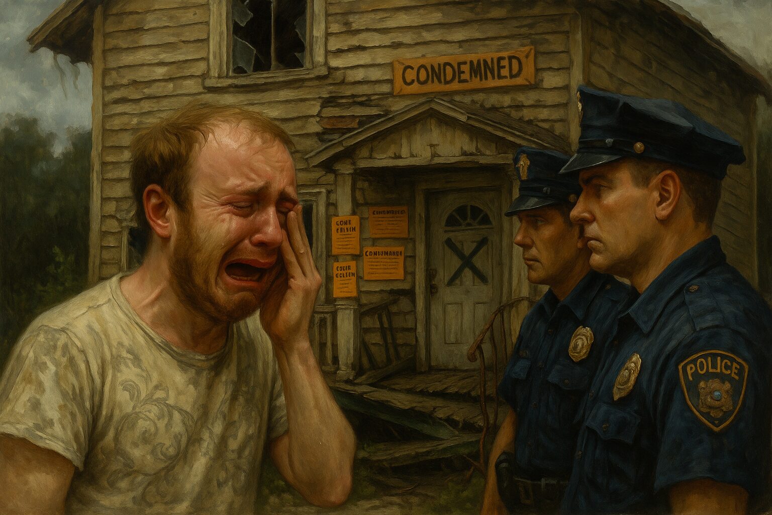 angry crying balding white man decrepit house two cops