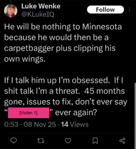 luke wenke tweet x twitter cyberstalking victim