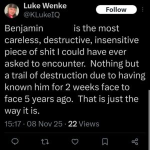 luke wenke cyberstalker ryan benjamin teeter obsession tweet twitter x 