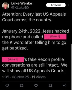 luke wenke minnesota cyberstalking attorney victim tweet x