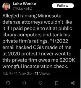 Luke Wenke victim cyberstalking tweet twitter x minneapolis minnesota