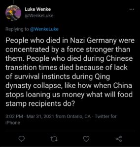 luke wenke twitter x screenshot 2021 nazis chinese racist poverty shaming