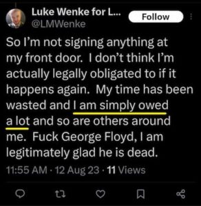 luke wenke x twitter screenshot racist george floyd 2023