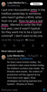 luke wenke x twitter screenshot letter writing obsession 2023
