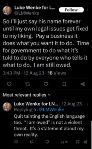luke wenke self-pity demands owed  twitter screenshot 2023