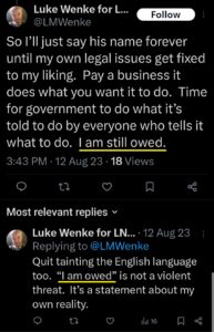 luke wenke twitter screenshot owed demands 2023 x entitled